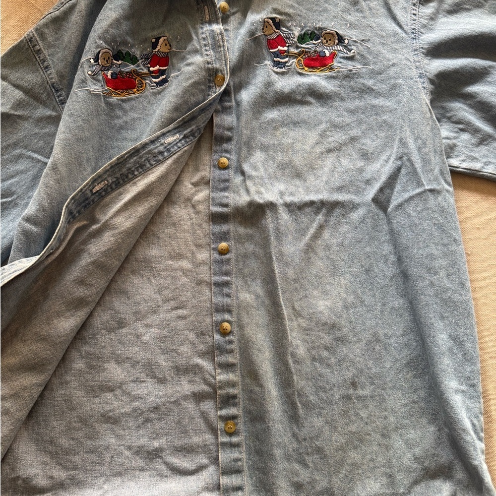 Vintage Christmas Denim Button-Up Shirt with Embroidery - Picture 8 of 9